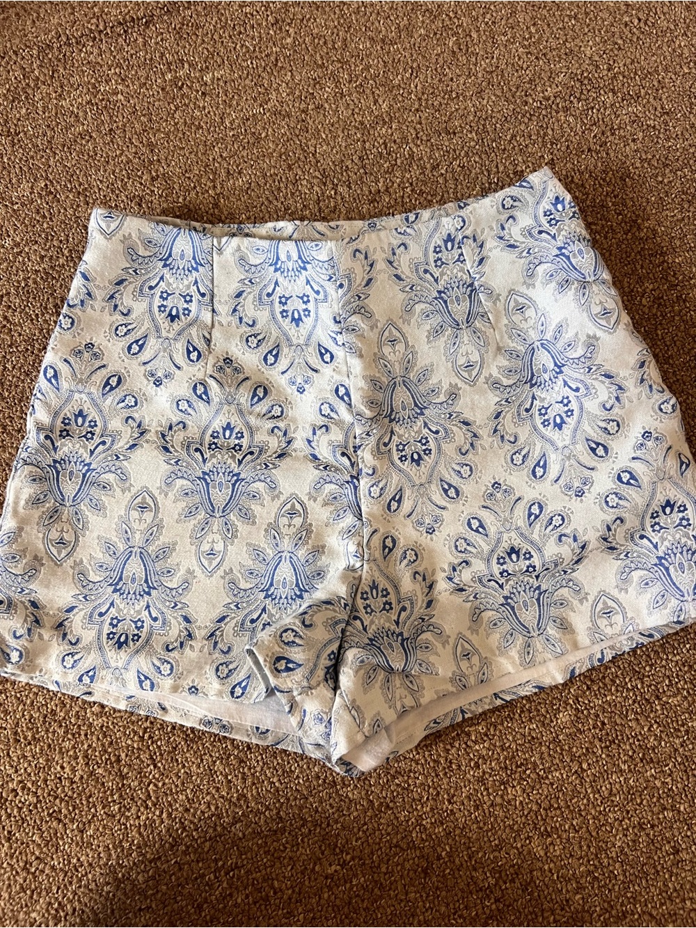 Glamorous Cream and Light Blue Paisley High-Waist Women’s Shorts